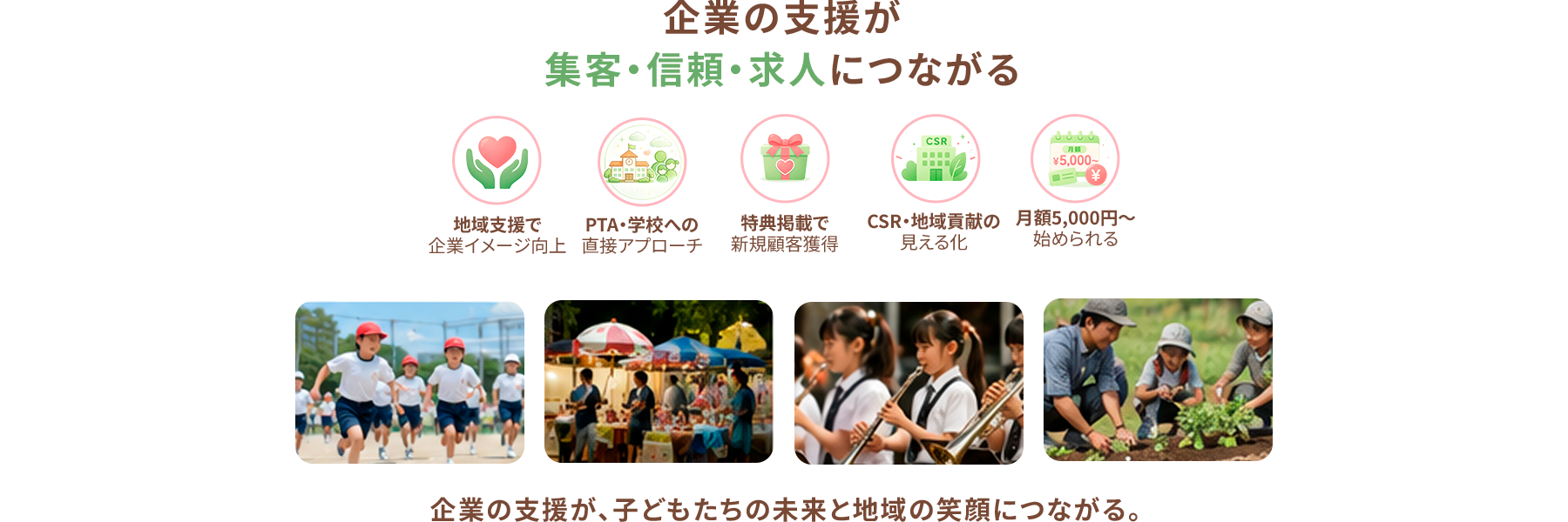 企業の支援が集客・信頼・求人につながる。地域支援で企業イメージ向上 / PTA・学校への直接アプローチ / 特典掲載で新規顧客獲得 / CSR・地域貢献の見える化 / 月額5,000円〜始められる。企業の支援が、子どもたちの未来と地域の笑顔につながる。